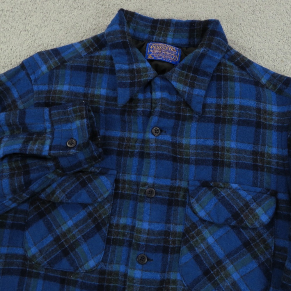 Pendleton Board Shirt Mens Large Blue Black Shadow Plaid Wool Loop Collar 80s